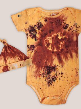 NWT Sahara Tie Dye Organic Cotton Bodysuit Orange Hand-Dyed Onesie & Baby Hat